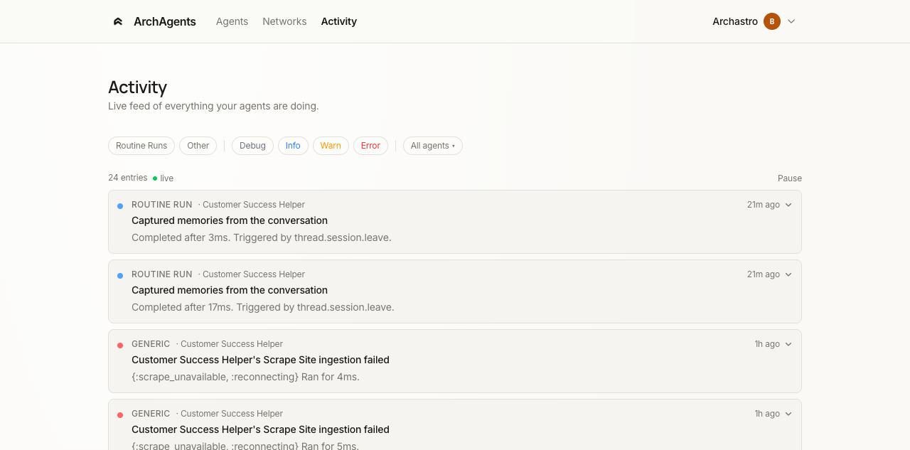 Activity feed showing routine runs and triggered events for Customer Success Helper
